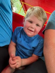 A toddler in a blue shirt sits on someone's lap.