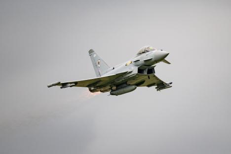 RAF Typhoon jet performing at the RAF Cosford Airshow.