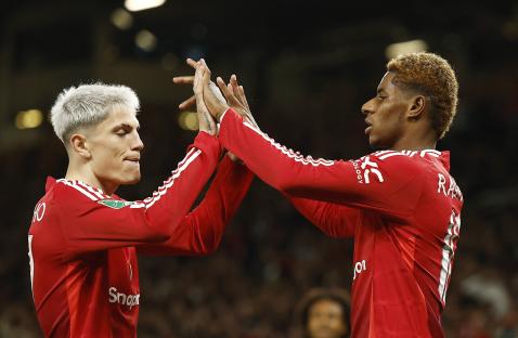 Manchester United's Marcus Rashford and Alejandro Garnacho celebrating a goal.