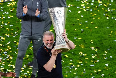 Ange Postecoglou lifting the Europa League trophy.
