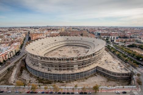 Aerial view of the unfinished Nou Mestalla stadium in Valencia, Spain.
