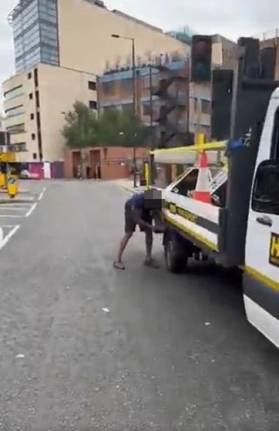 Person slashing truck tires.