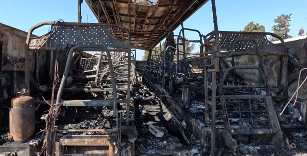 Burned-out interior of a vehicle.