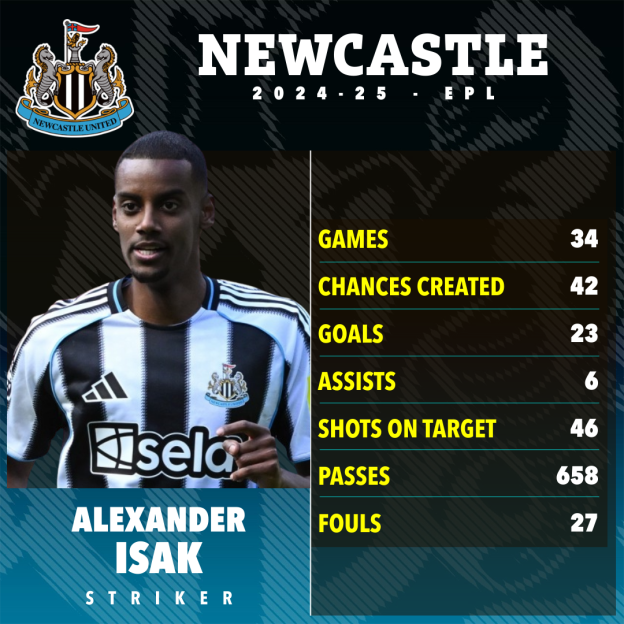Alexander Isak's 2024-25 Newcastle United EPL stats: games, chances created, goals, assists, shots on target, passes, and fouls.