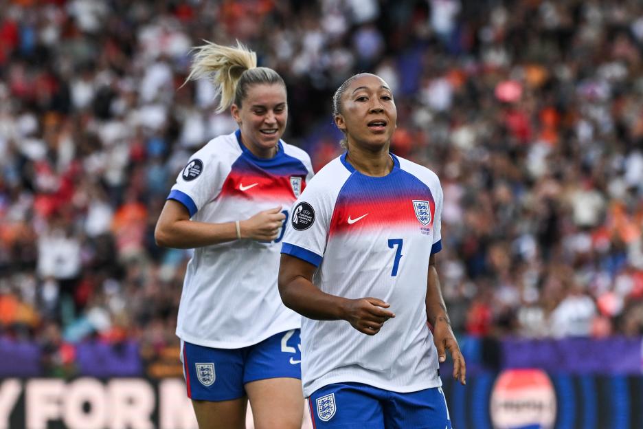 Lauren James (#7) and Alessia Russo (#23) of the England women's national football team.