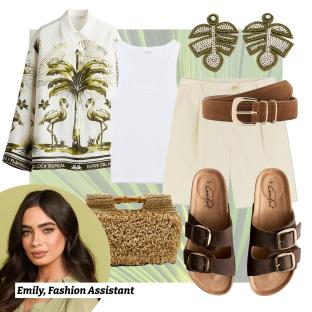 Collage of Emily's summer outfit: shirt, tank top, shorts, belt, earrings, bag, and sandals.