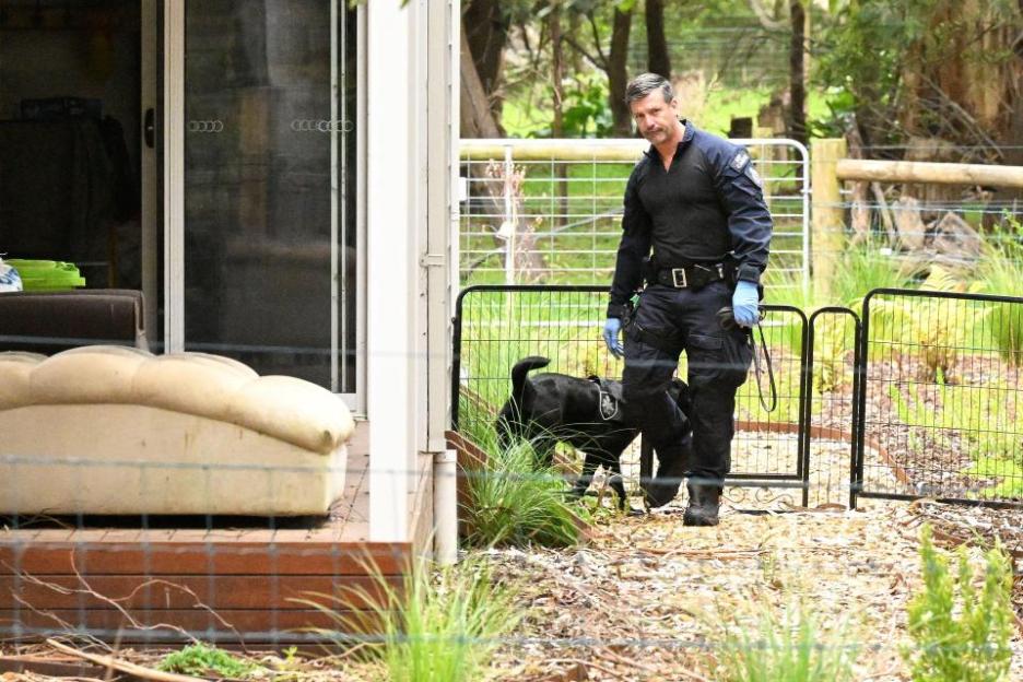 Police officer with a police dog investigating a property.
