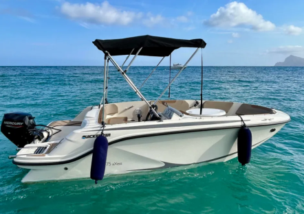 White Quicksilver 75 aXess boat in the ocean.