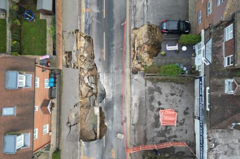 A drone view shows a large sinkhole in Godstone, southern Britain, February 19, 2025. REUTERS/Toby Melville