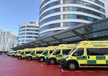 A row of ambulances parked outside Queen Elizabeth Hospital, Birmingham, this afternoon. January 7, 2024. Release date January 7, 2025. A critical incident has been declared at the University Hospitals Birmingham NHS Trust. It follows a number of NHS trusts in England which have declared critical incidents amid exceptionally high demands on emergency departments. Critical incidents can be declared when health and care services are so busy that special measures are needed to restore normal operations and keep patients safe.