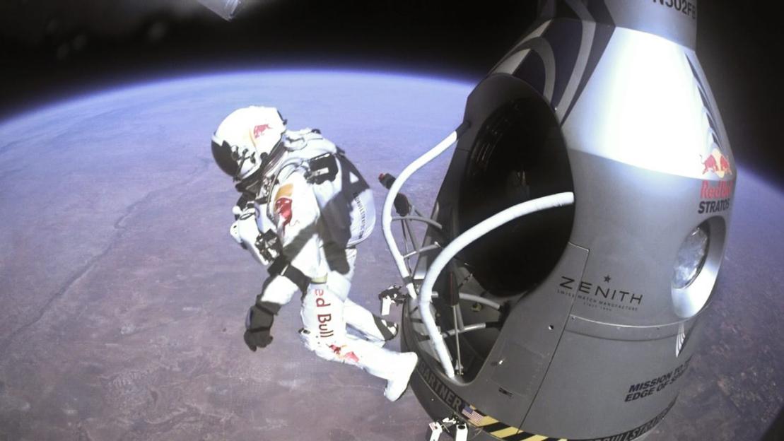 Felix Baumgartner exiting a capsule during the Red Bull Stratos jump.