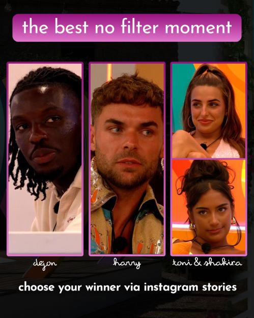 Collage of Love Island contestants: Dejon, Harry, Toni & Shakira. Vote for your favorite via Instagram Stories.