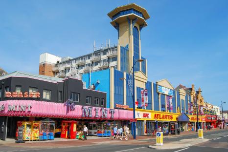 Atlantis Resort Tower and shops in Great Yarmouth, England.