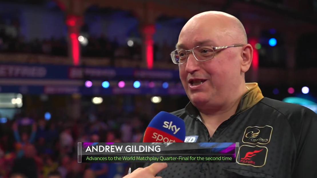 Andrew Gilding in a post-match interview, announcing his advancement to the World Matchplay Quarter-Final.