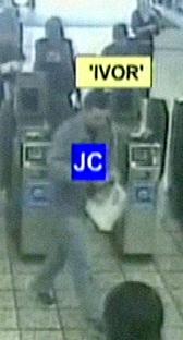 CCTV image of Jean Charles de Menezes being pursued by a surveillance officer at Stockwell tube station.