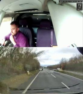 Dashcam footage of a van driver using his phone while driving, resulting in a collision.