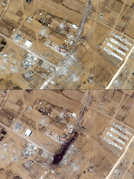 Satellite images comparing a location in Khan Yunis, Gaza, before and after an incident.