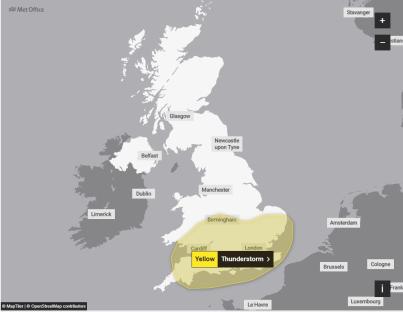 Map of UK with yellow thunderstorm warning.