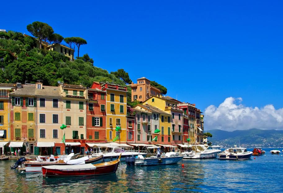 Colorful buildings and boats in Portofino harbor.