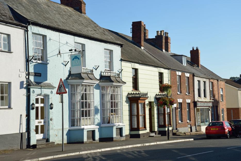 Row of historic buildings on Mantle Street in Wellington, Somerset.