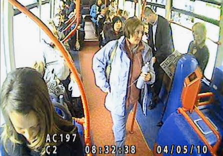 CCTV footage of a woman getting off a bus.