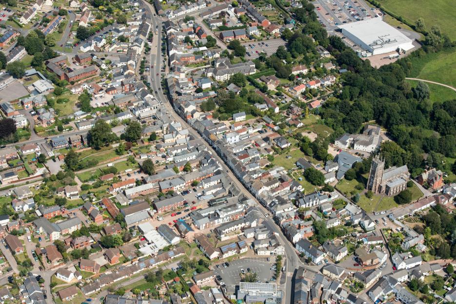 Aerial view of Cullompton High Street.