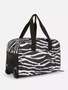 Zebra-print rolling suitcase.