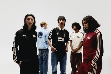 Models wearing Adidas x Oasis clothing.
