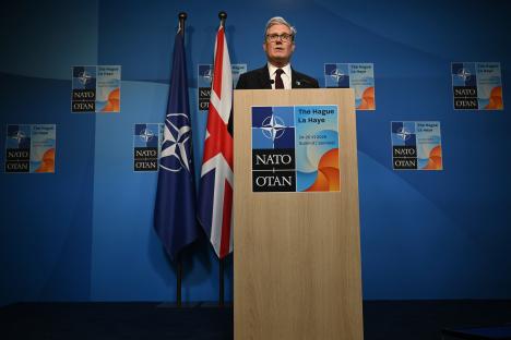 Keir Starmer speaking at a NATO summit press conference.