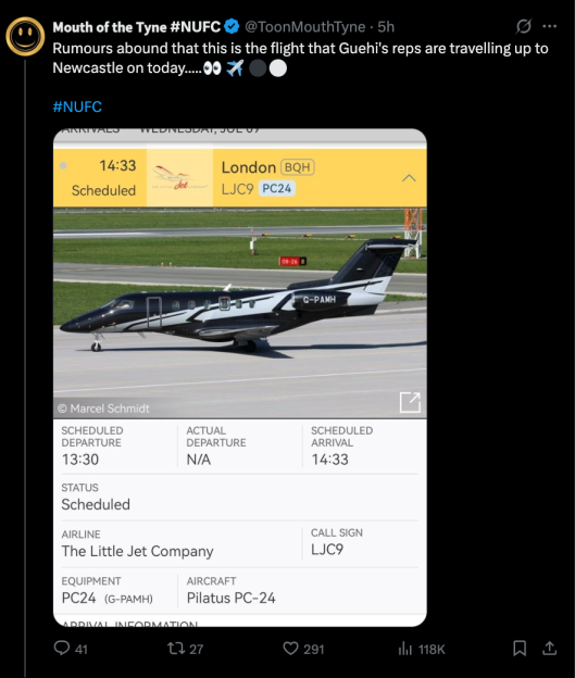 Screenshot of a tweet showing flight details for a Pilatus PC-24 jet, with a photo of the aircraft.