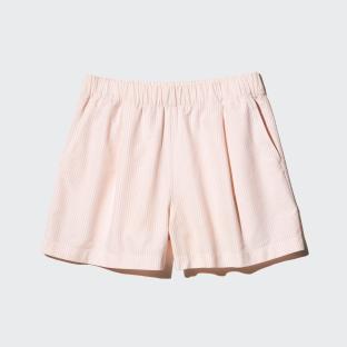 Pink striped shorts with pockets.