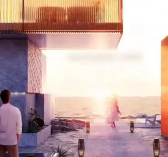 Illustration of a modern beachfront structure with people relaxing at sunset.