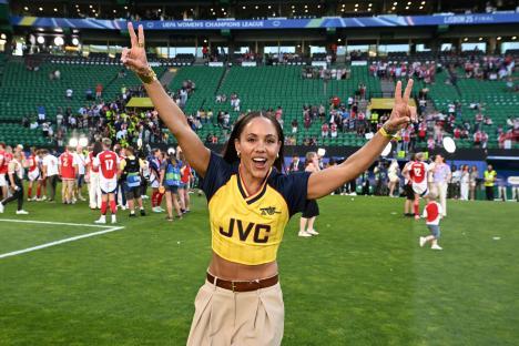 Alex Scott celebrating Arsenal's victory in the UEFA Women's Champions League final.