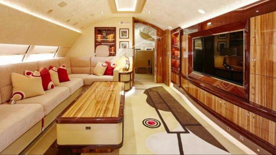 Interior of a luxurious Boeing 747-8 private jet.