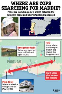 Illustration of map showing search locations related to Madeleine McCann's disappearance.