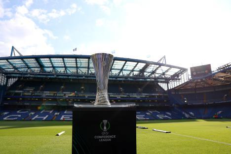 UEFA Conference League trophy at Stamford Bridge.