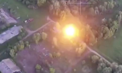 Aerial view of a large explosion in Sumy region during Putin's invasion.