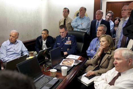 Photo of President Obama and others in a Situation Room meeting regarding the hunt for Bin Laden.