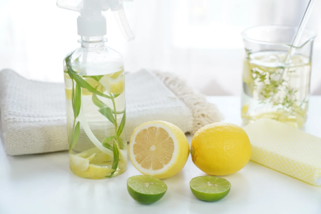 Homemade lemon and herb cleaning spray with lemons, limes, and a cleaning sponge.