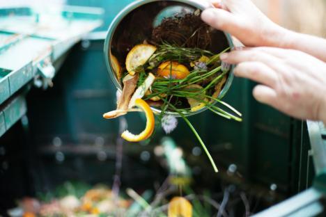 A person adding compost to a bin.
