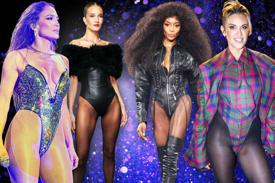 Collage of four models in bodysuits.