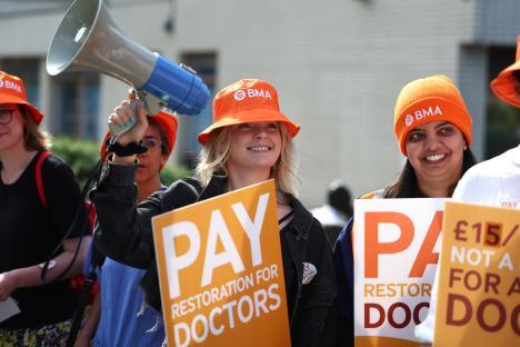 Junior doctors protesting for pay restoration in London.