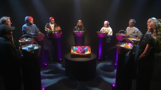Eight contestants on a game show, each holding a basket of eggs.