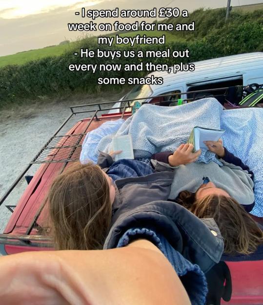 Couple relaxing on a van roof, reading books; weekly food costs are shown.