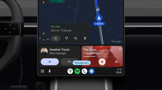 Android Auto interface showing navigation, messaging, and music controls.