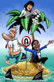 Illustration of three cartoon figures stranded on a desert island.
