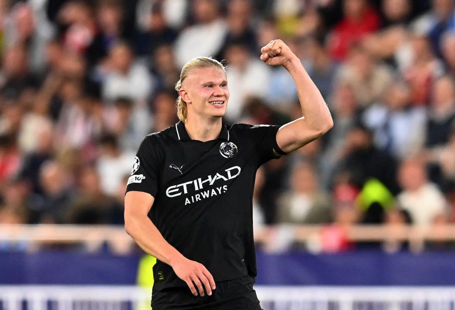 Erling Haaland celebrating a goal for Manchester City.