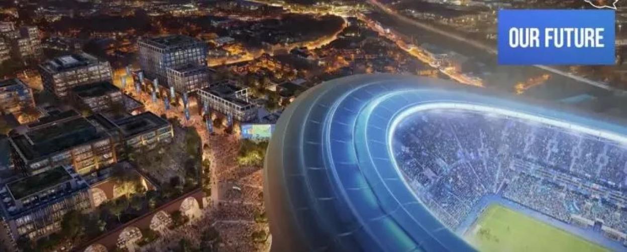 Illustration of the new Birmingham stadium design at night.