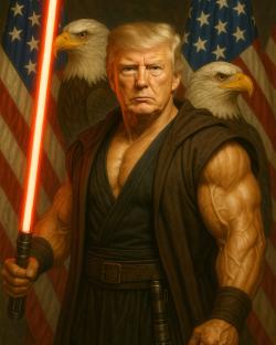 Illustration of Donald Trump as a muscular Sith Lord with two bald eagles on his shoulders, holding a lightsaber, and standing before American flags.