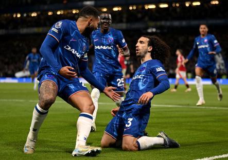 Marc Cucurella of Chelsea celebrates scoring a goal.